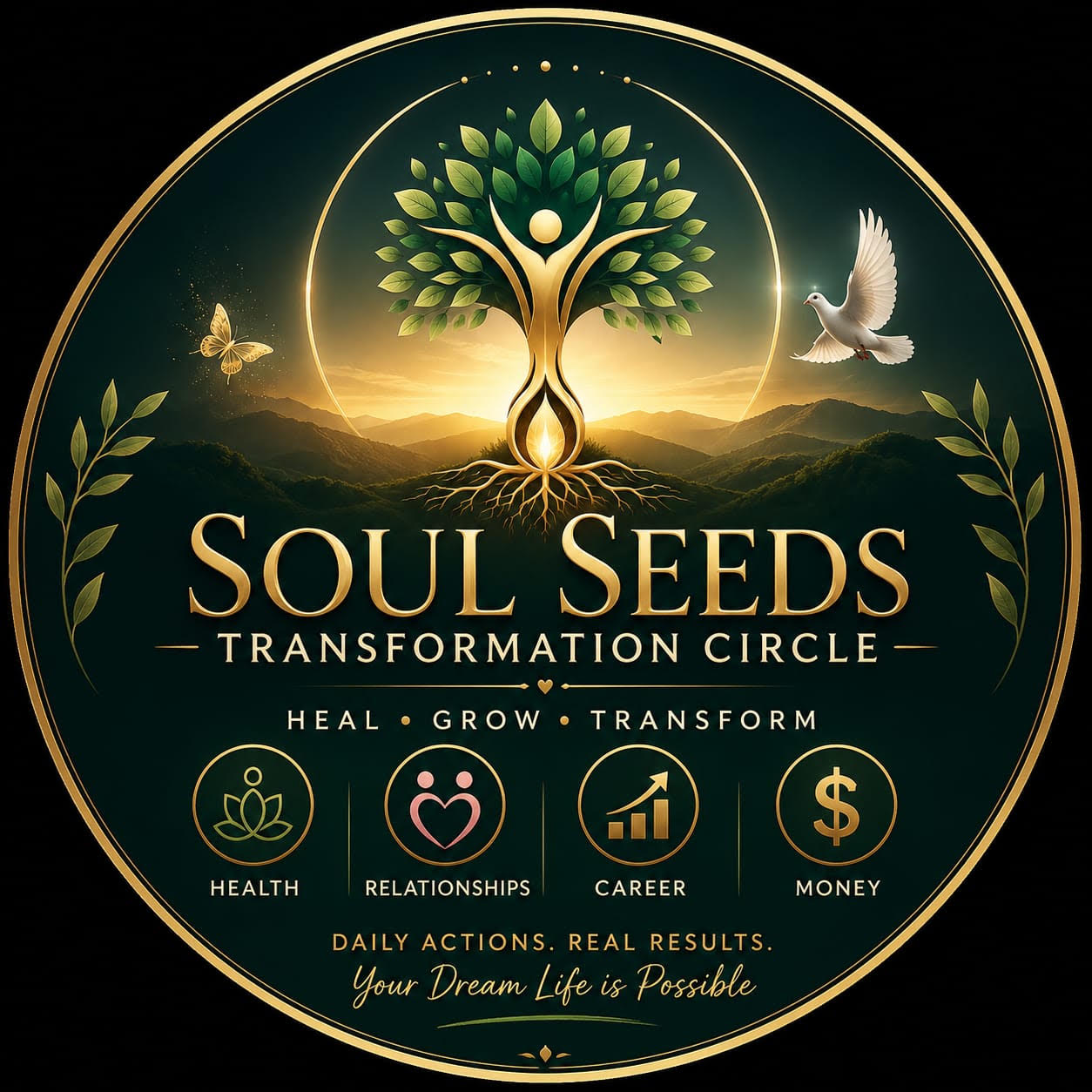 Soul Seeds Transformation Circle emblem with tree of life, dove and the pillars health, relationships, career and money